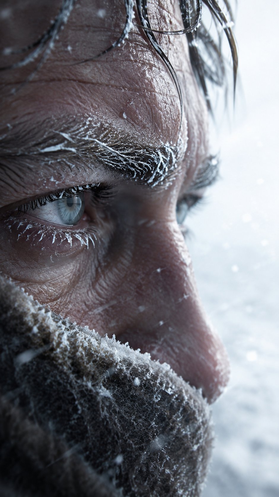 A frost-covered face in a blizzard