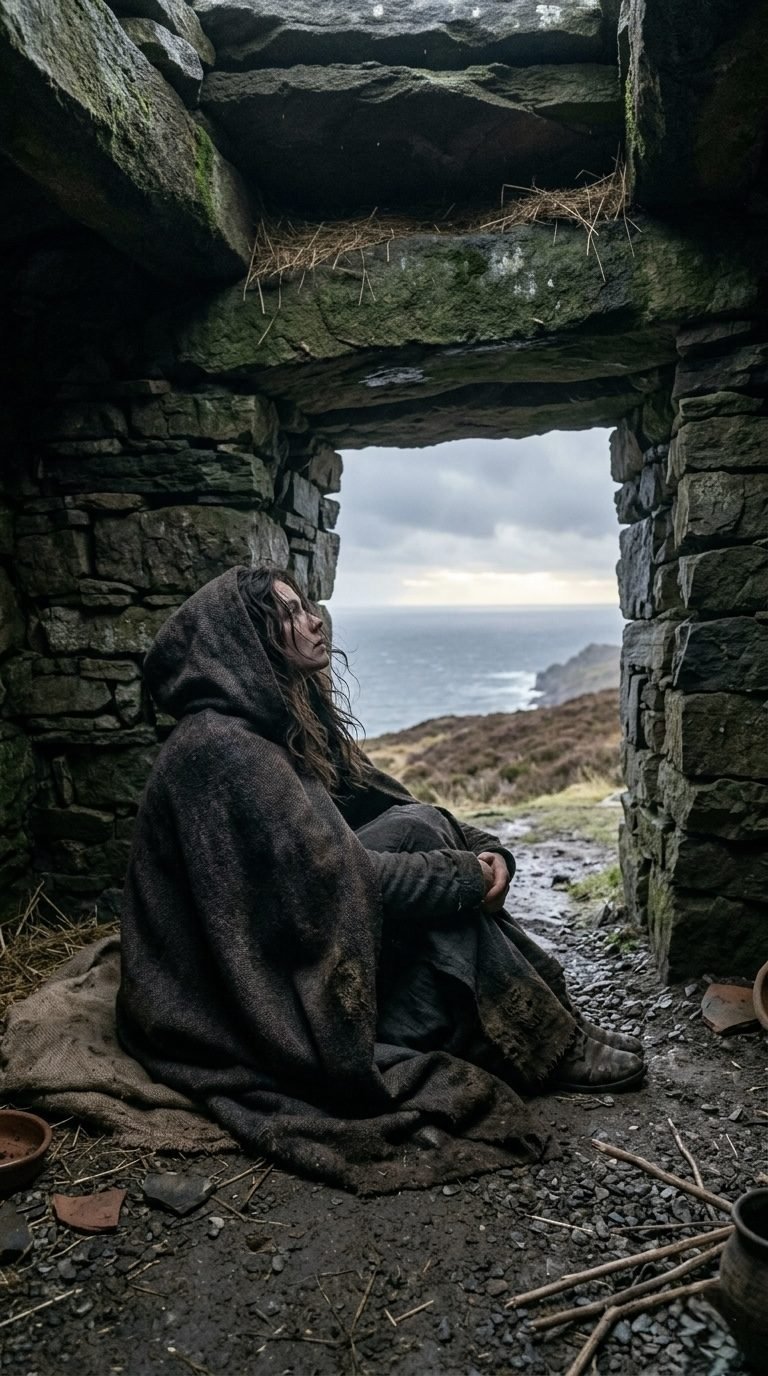 A hooded figure resting in a stone shelter above the sea