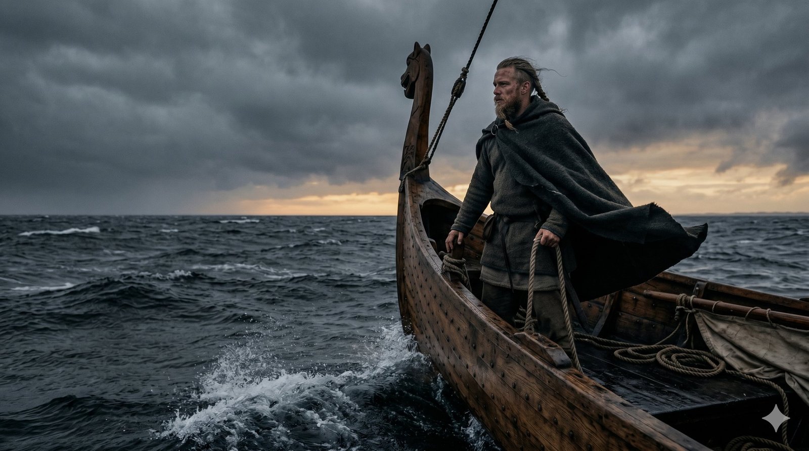 A seafarer at the prow of a longship under storm clouds