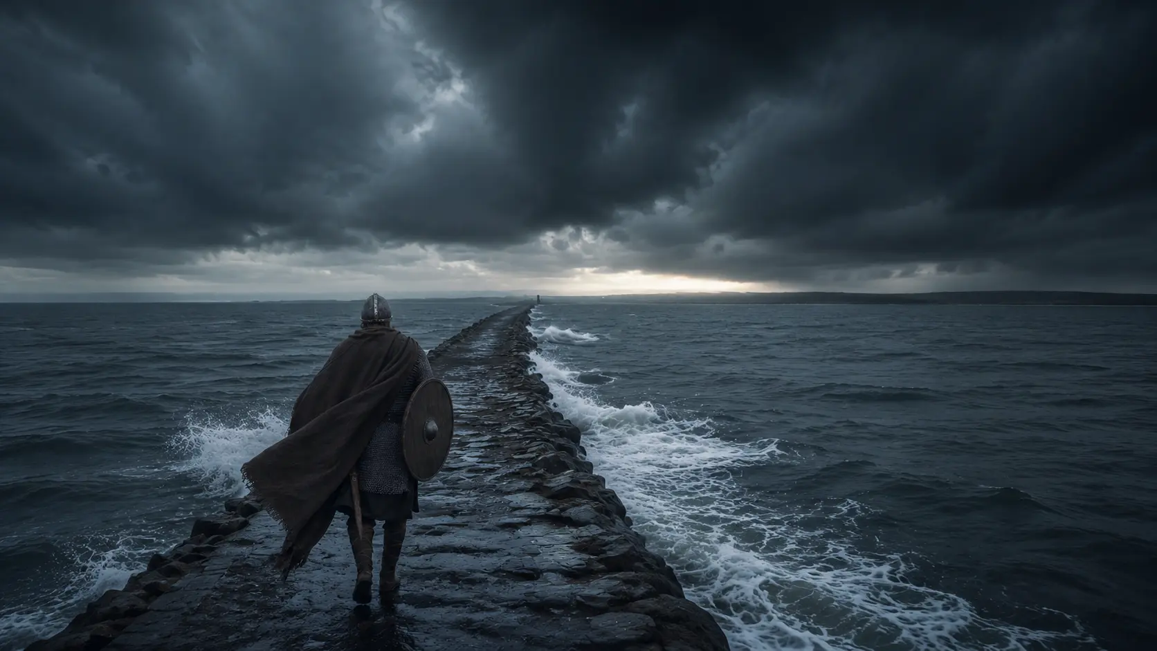 A lone Anglo-Saxon warrior crossing a storm-lashed causeway