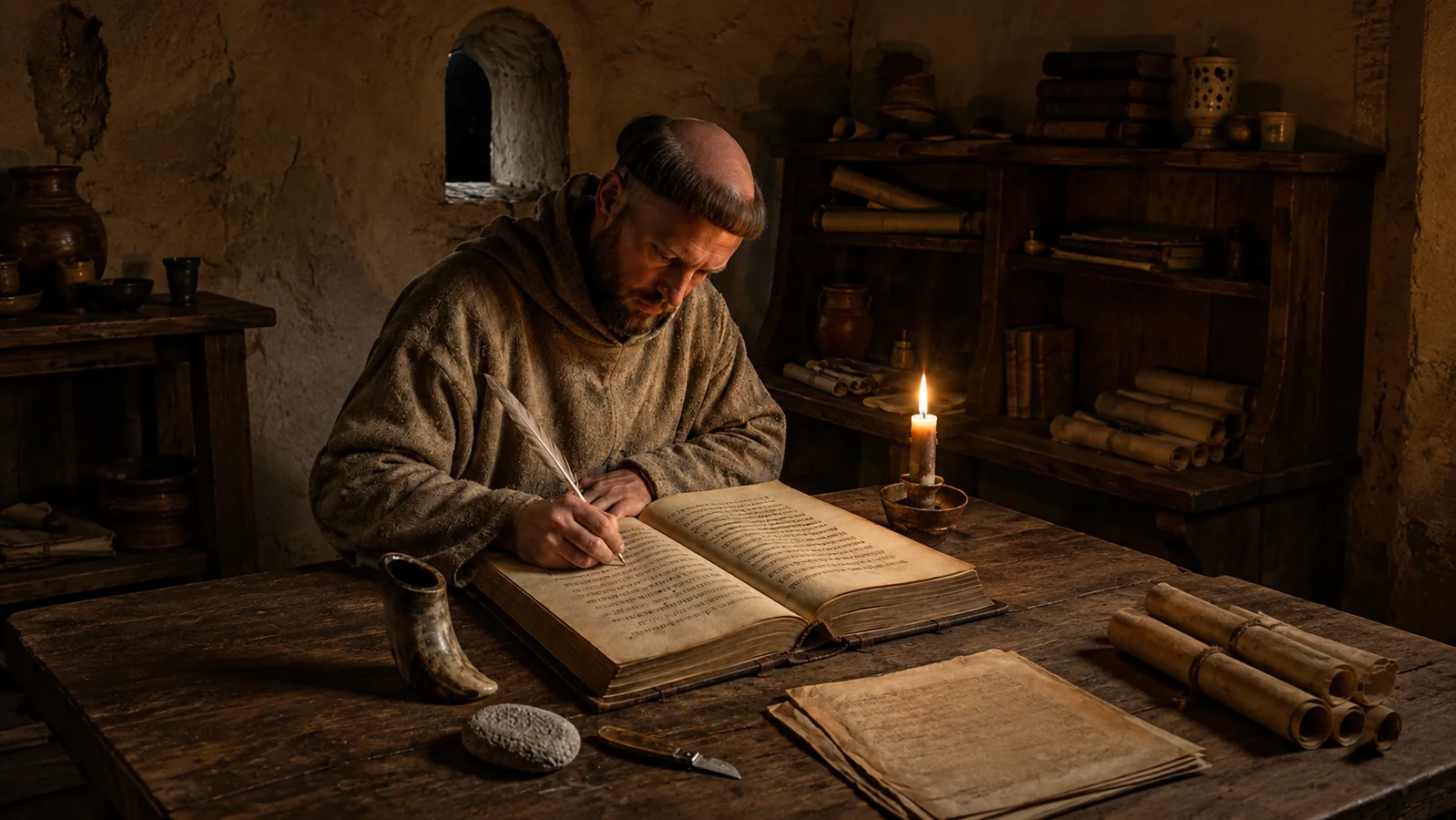 Anglo-Saxon monk copying a manuscript by candlelight