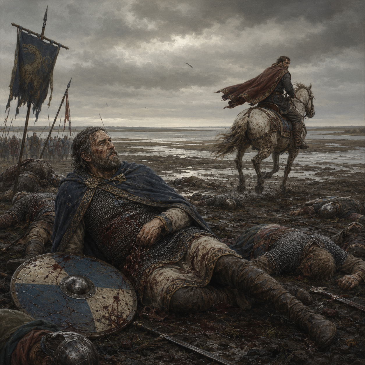 Godric fleeing the battlefield on horseback