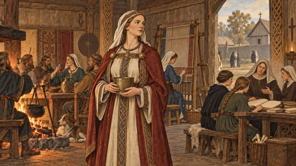 An artist’s interpretation of the overlapping forms of authority exercised by women in Anglo-Saxon England: within the hall, the household and the Church.
