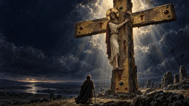 Christ willingly climbing the cross to save humankind