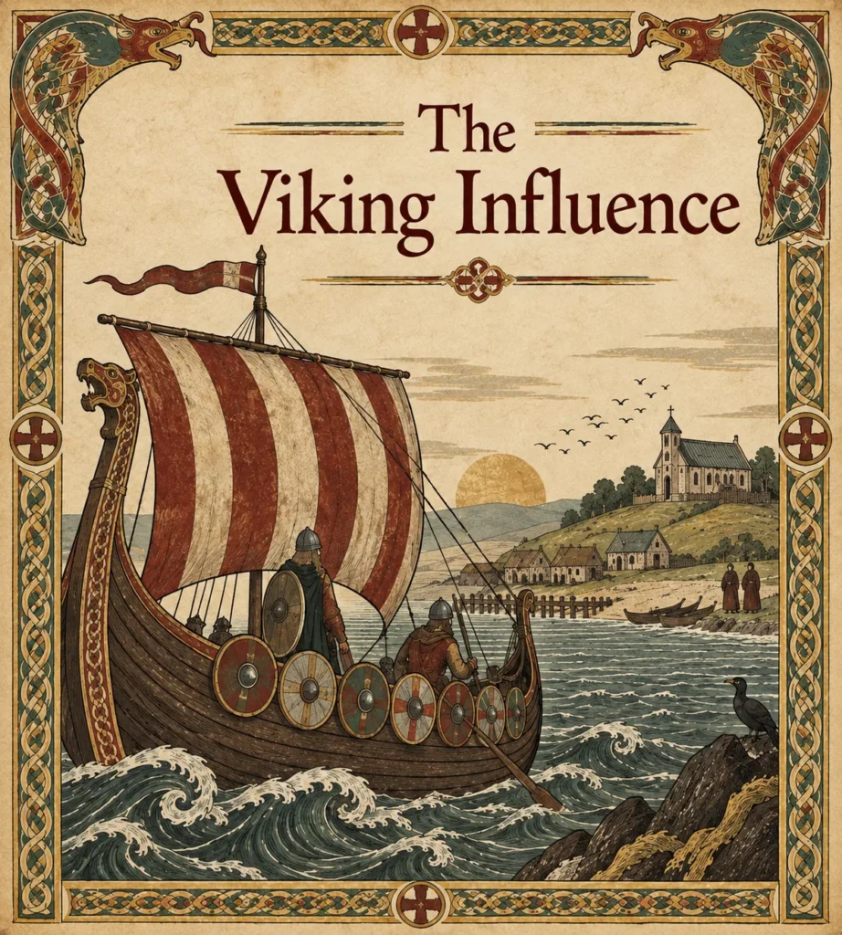 The Viking Influence — Viking longship approaching an Anglo-Saxon settlement