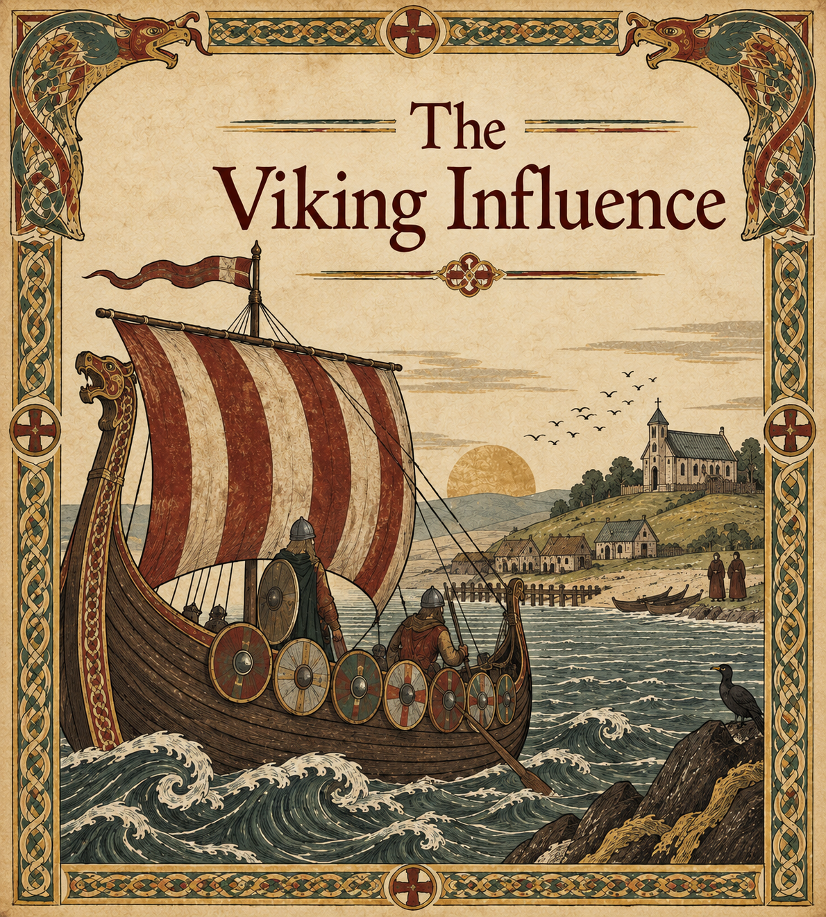 The Viking Influence — Viking longship approaching an Anglo-Saxon settlement