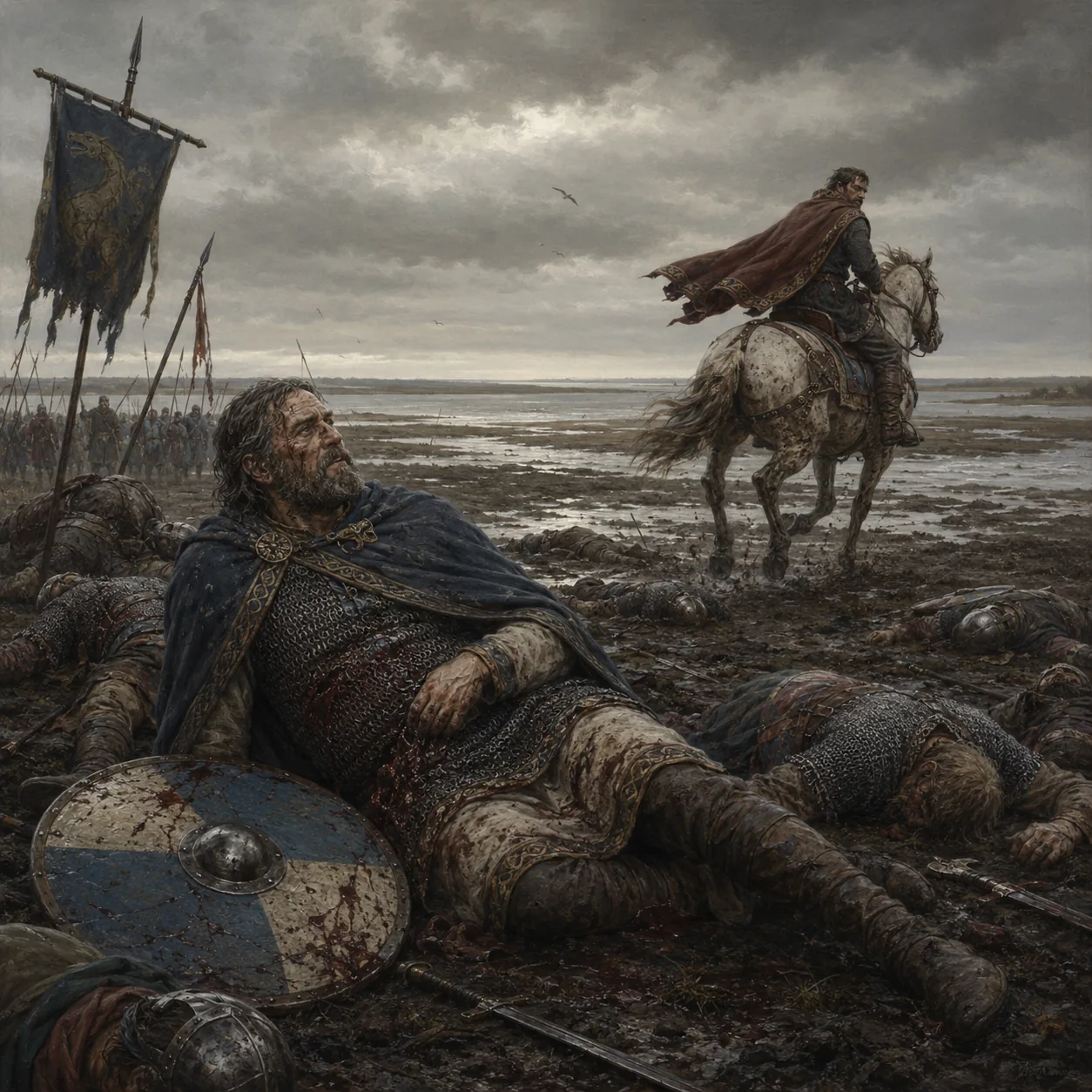 Godric fleeing the battlefield on horseback